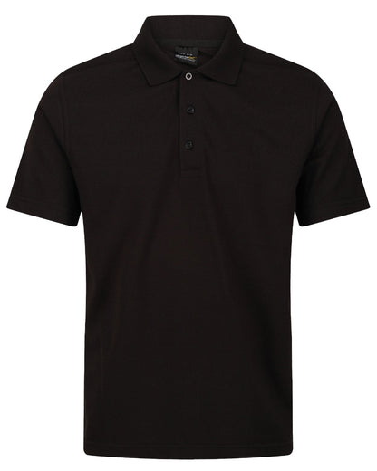 Black coloured Regatta Professional Mens 65/35 Short Sleeves Polo Top on white background 