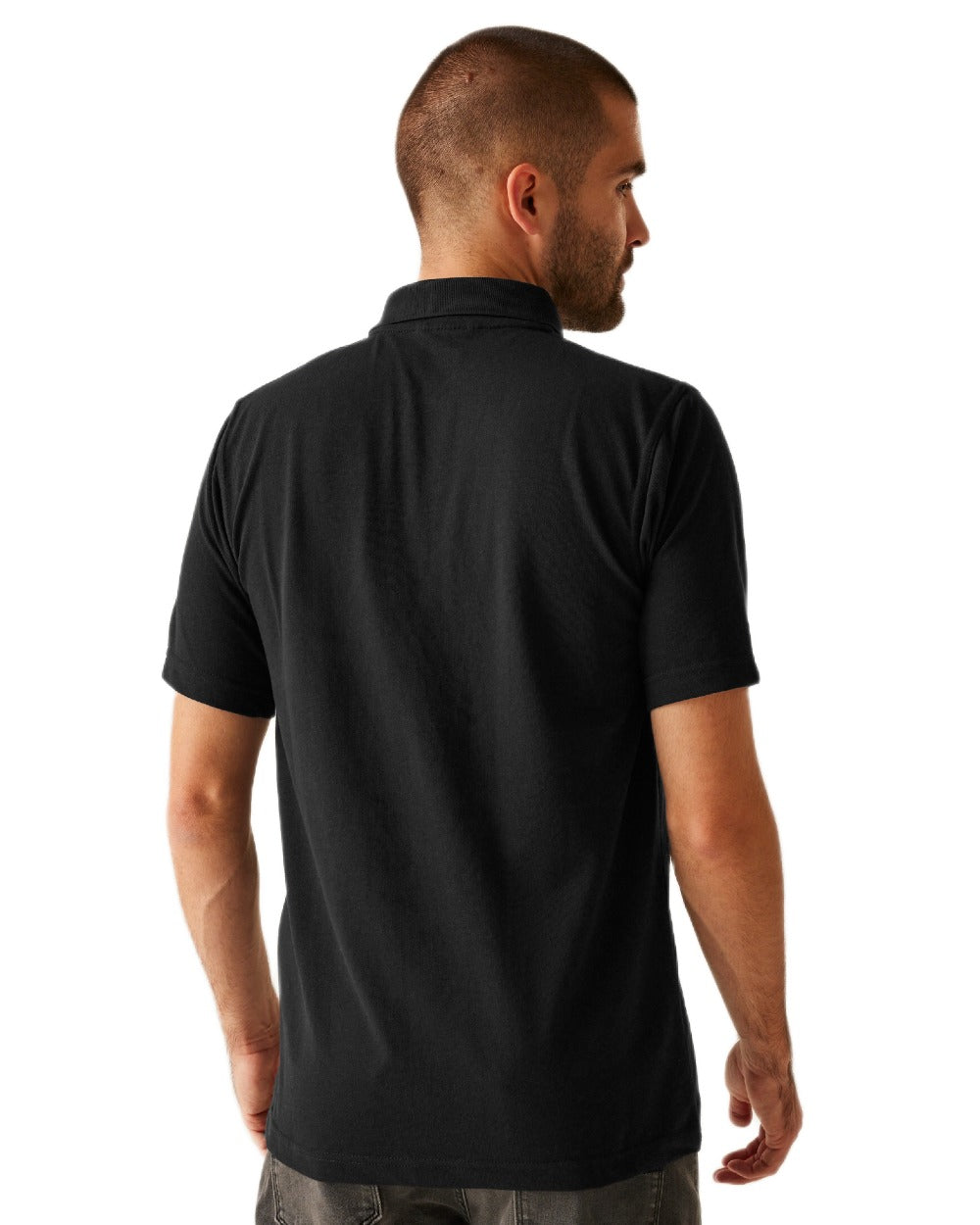 Black coloured Regatta Professional Mens 65/35 Short Sleeves Polo Top on white background 