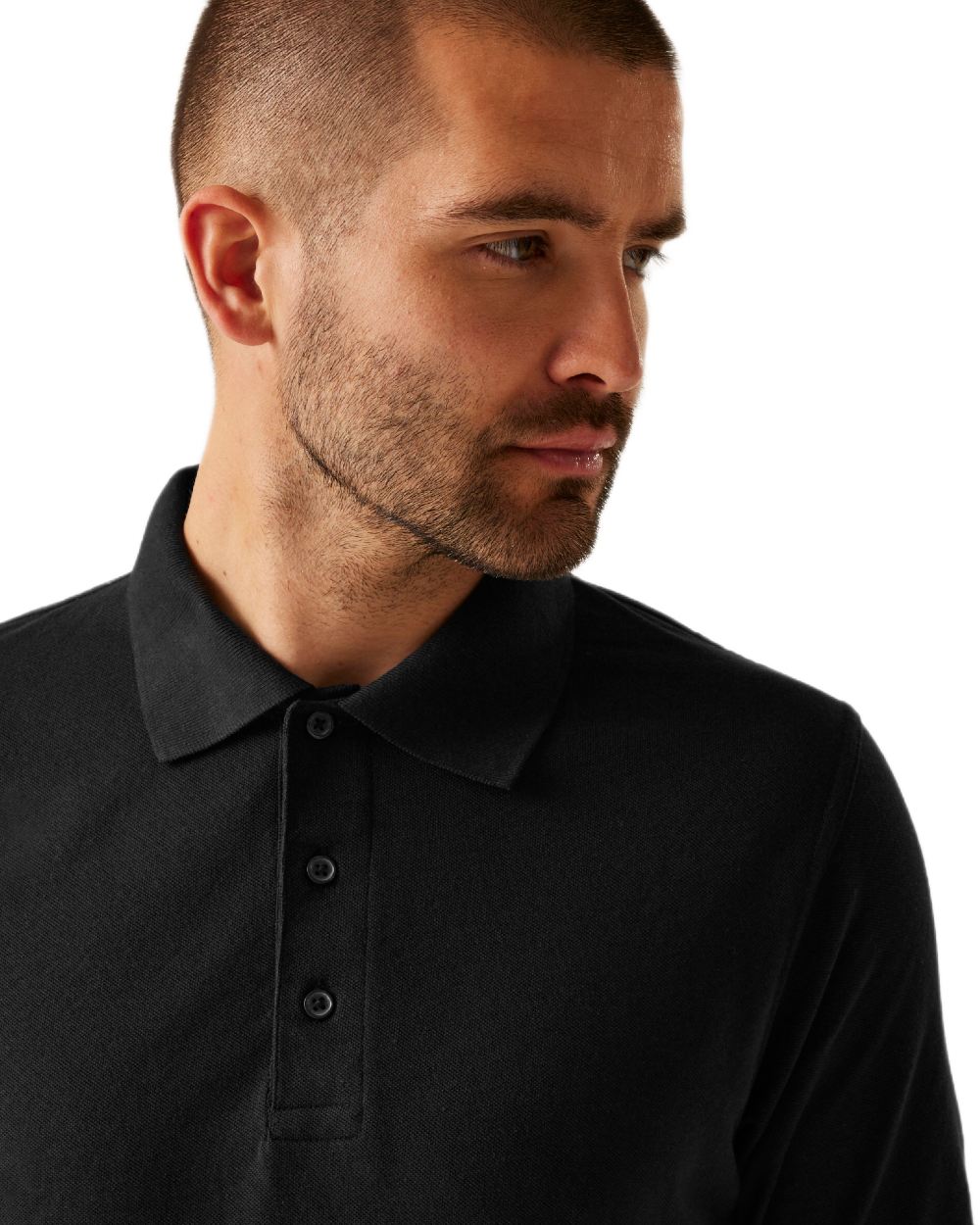 Black coloured Regatta Professional Mens 65/35 Short Sleeves Polo Top on white background 