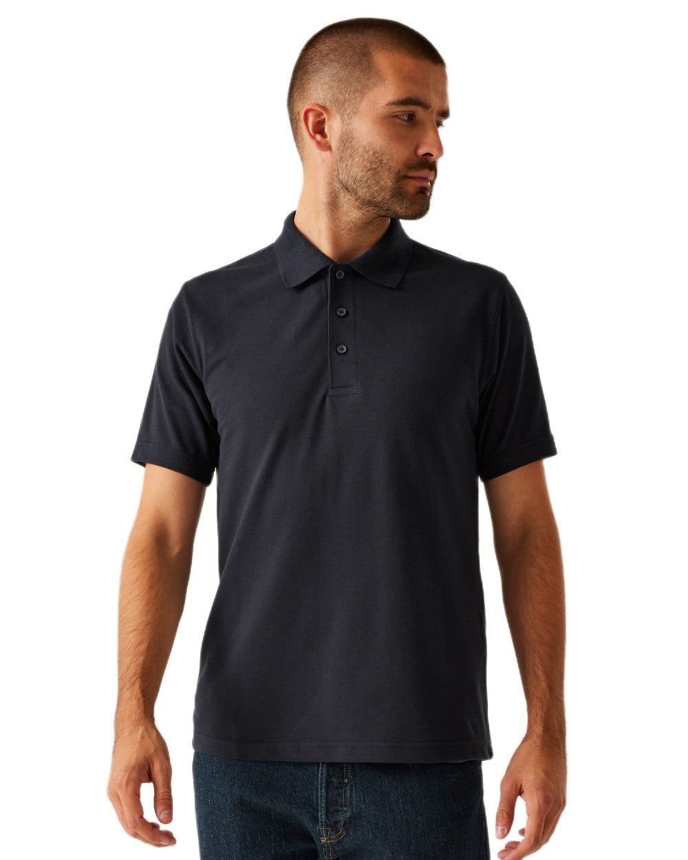 Navy coloured Regatta Professional Mens 65/35 Short Sleeves Polo Top on white background 