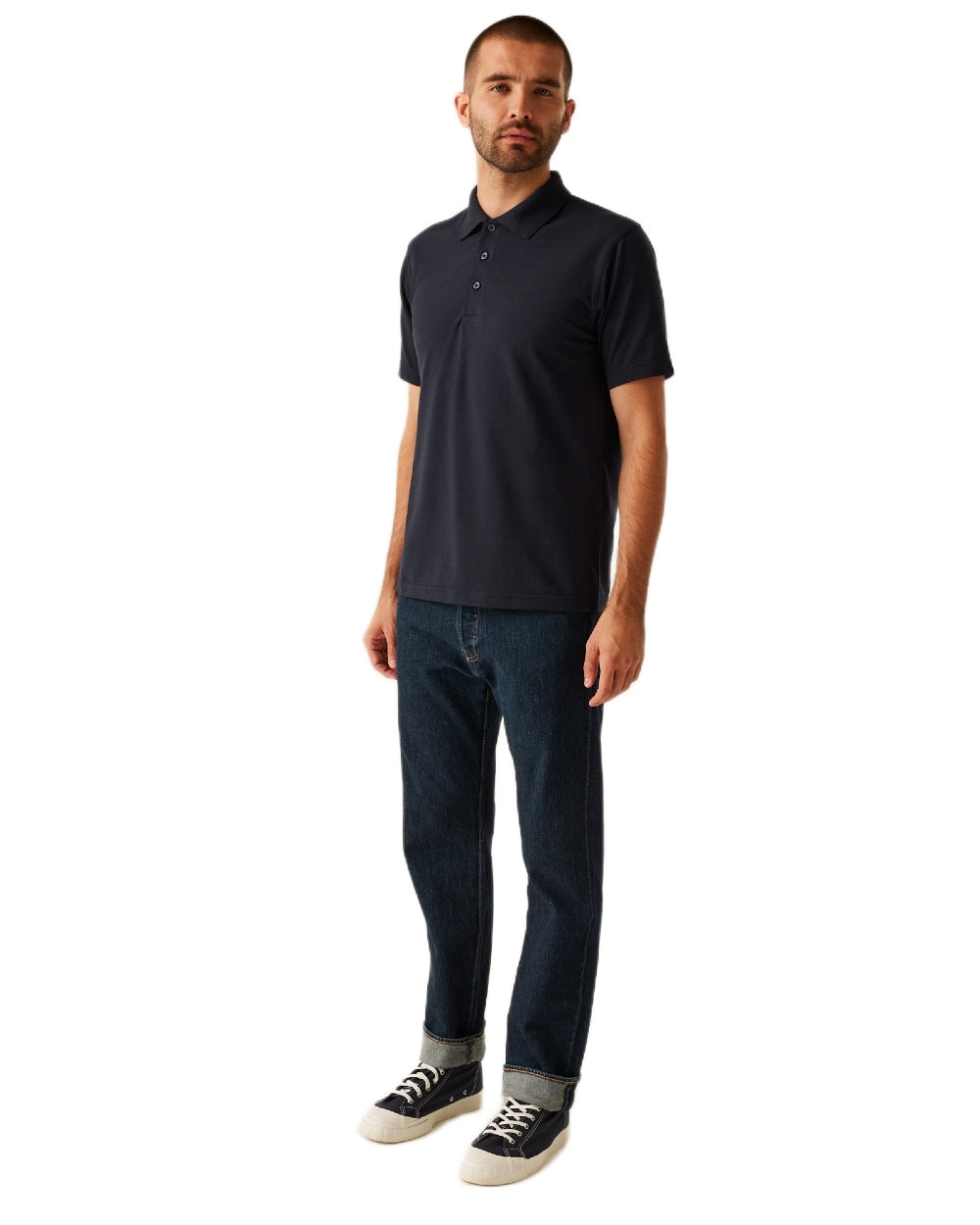 Navy coloured Regatta Professional Mens 65/35 Short Sleeves Polo Top on white background 