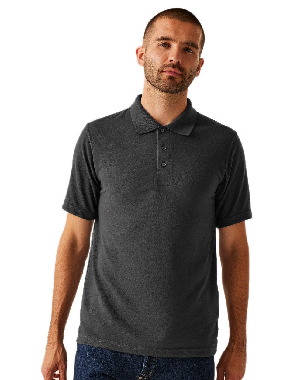 Seal Grey coloured Regatta Professional Mens 65/35 Short Sleeves Polo Top on white background 