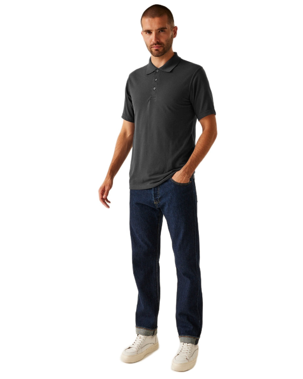 Seal Grey coloured Regatta Professional Mens 65/35 Short Sleeves Polo Top on white background 