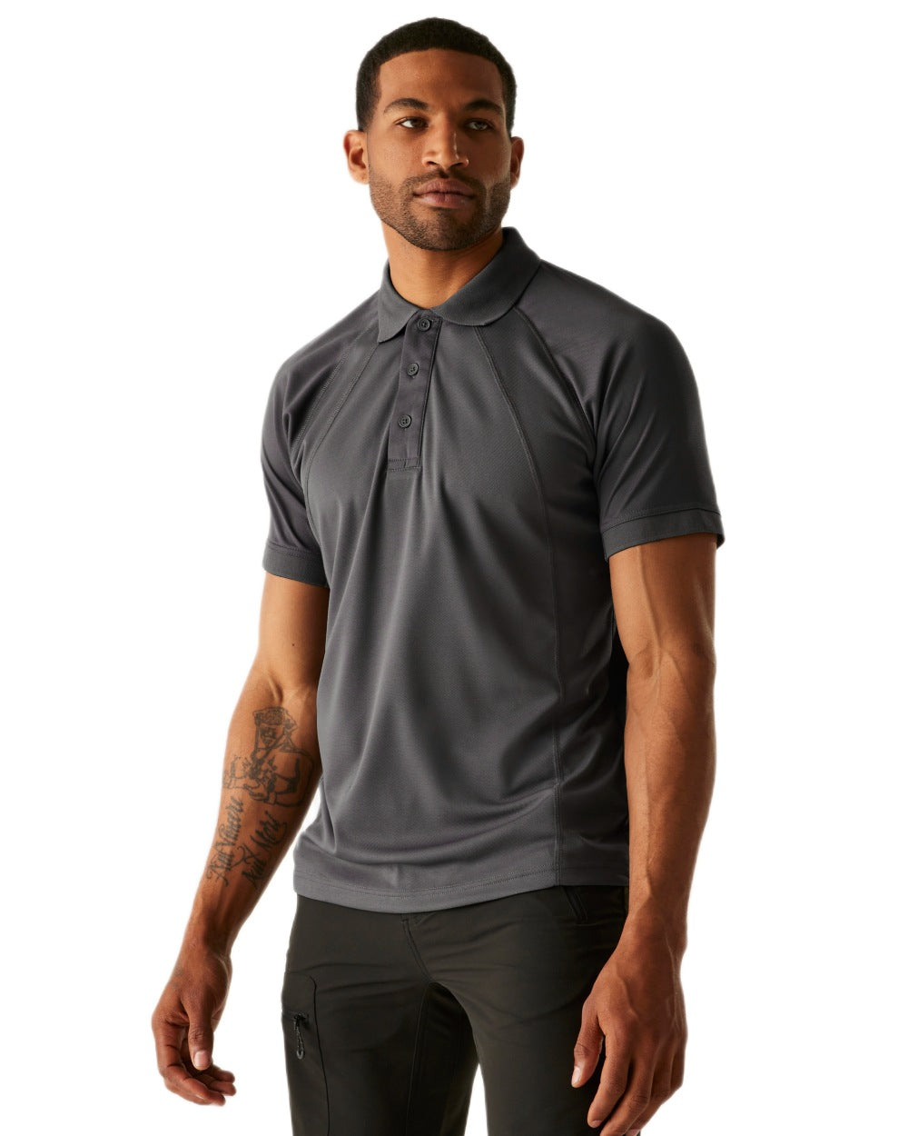 Iron coloured Regatta Professional Mens Coolweave Wicking Polo Shirt on white background 