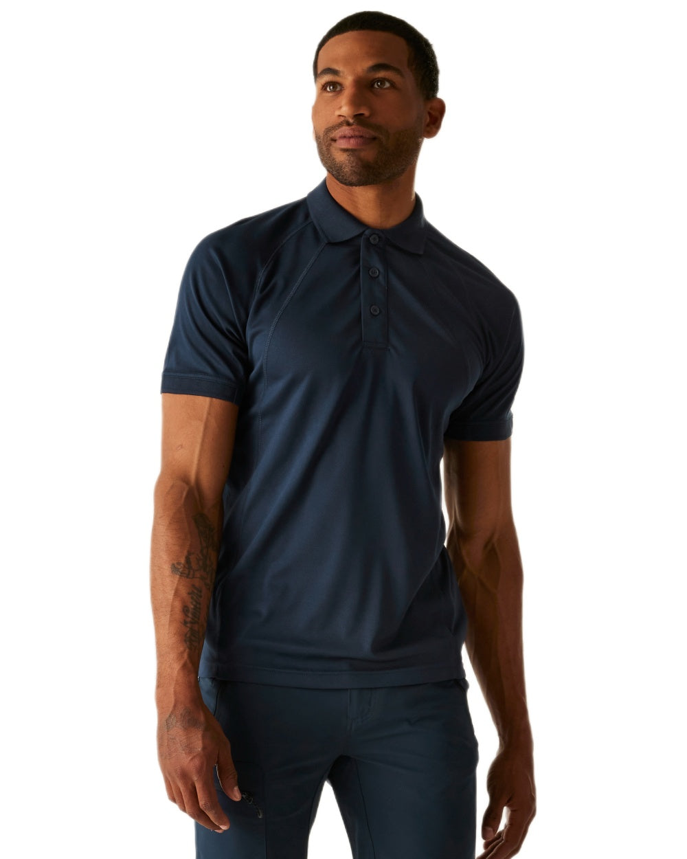 Navy coloured Regatta Professional Mens Coolweave Wicking Polo Shirt on white background 