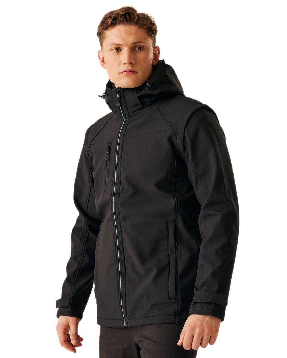 Black coloured Regatta Professional Mens Erasmus 4 In 1 Softshell Jacket on white background 