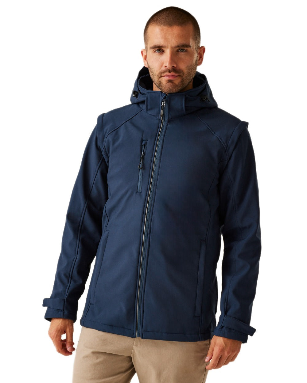 Navy coloured Regatta Professional Mens Erasmus 4 In 1 Softshell Jacket on white background 