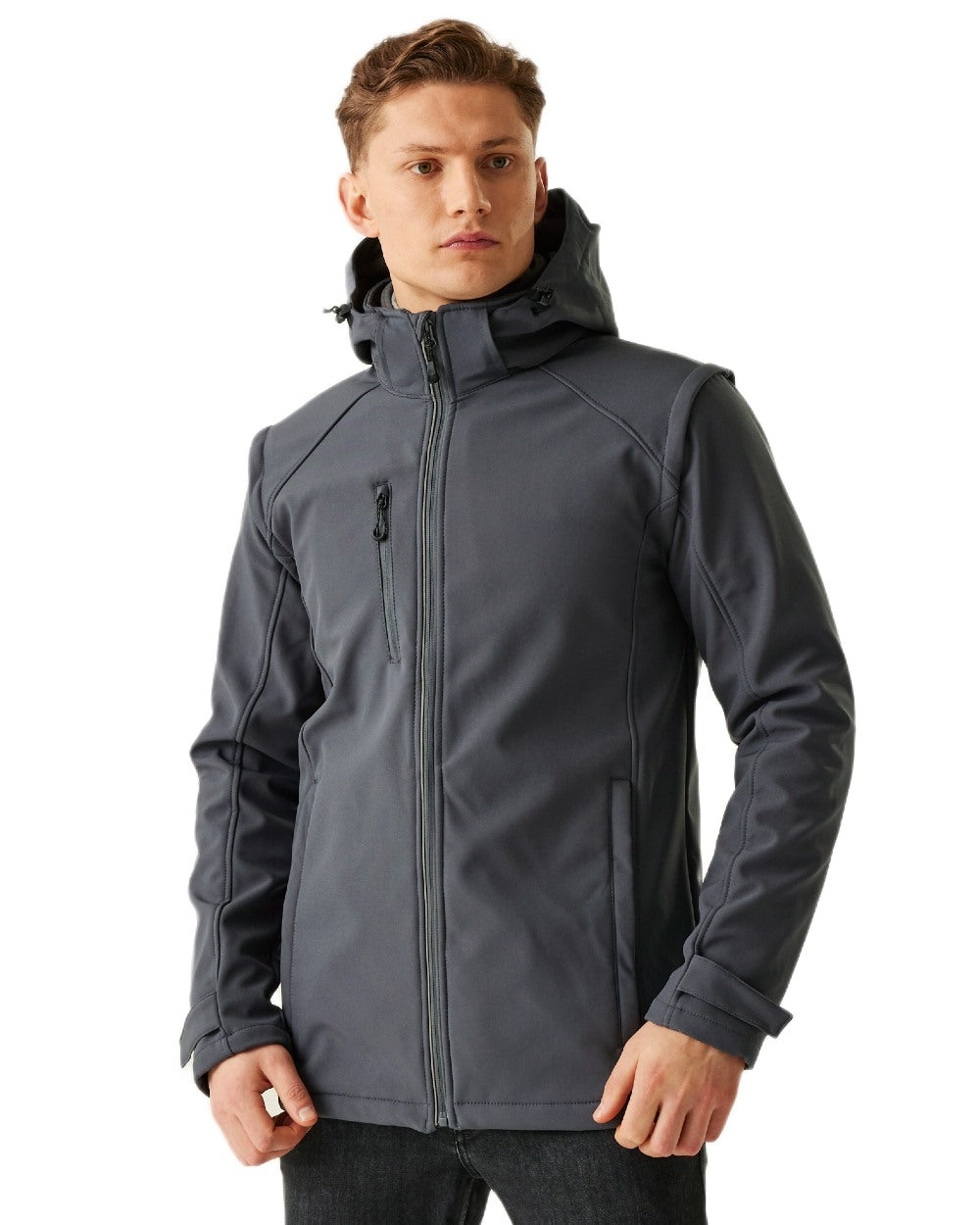 Seal Grey coloured Regatta Professional Mens Erasmus 4 In 1 Softshell Jacket on white background 