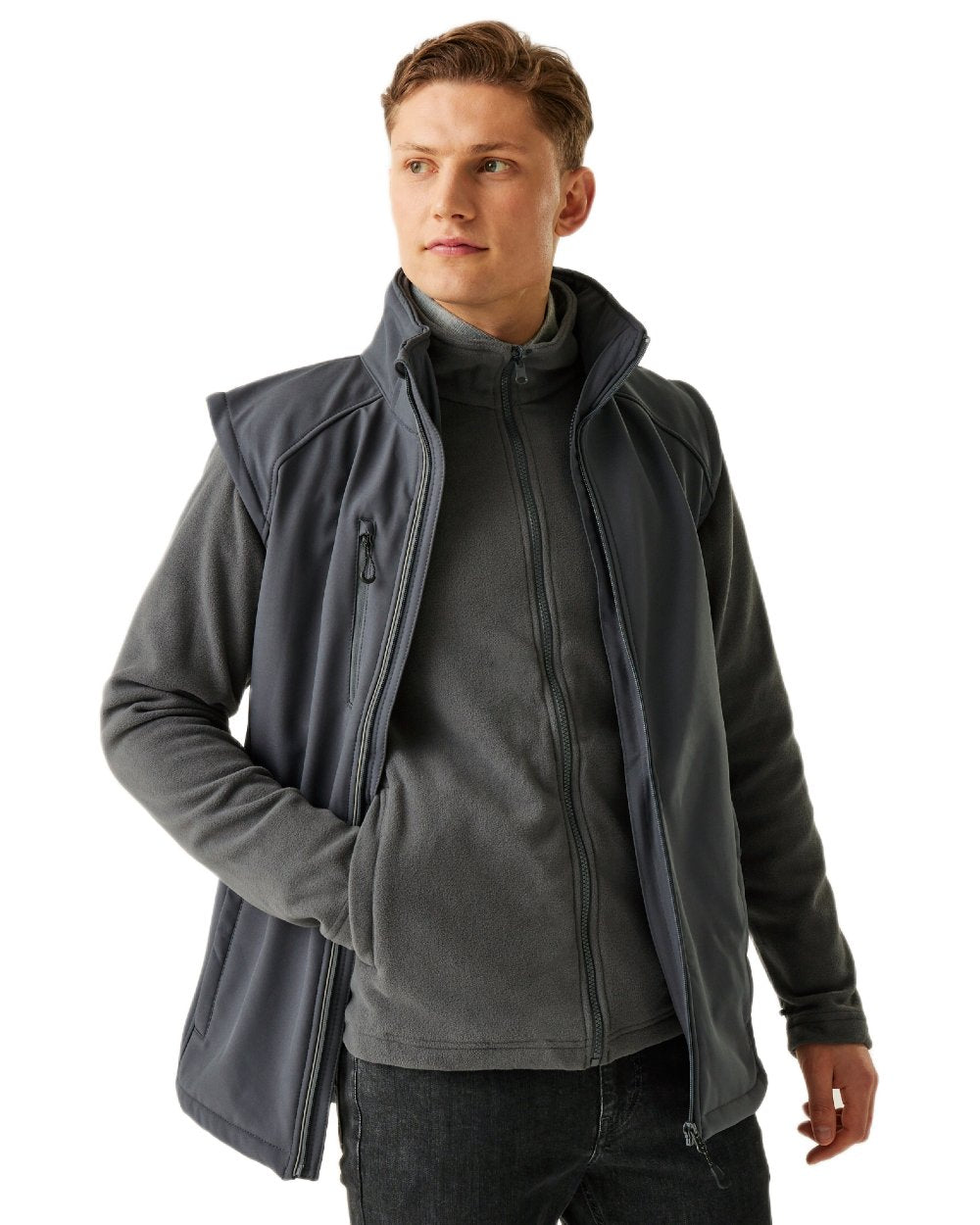 Seal Grey coloured Regatta Professional Mens Erasmus 4 In 1 Softshell Jacket on white background 
