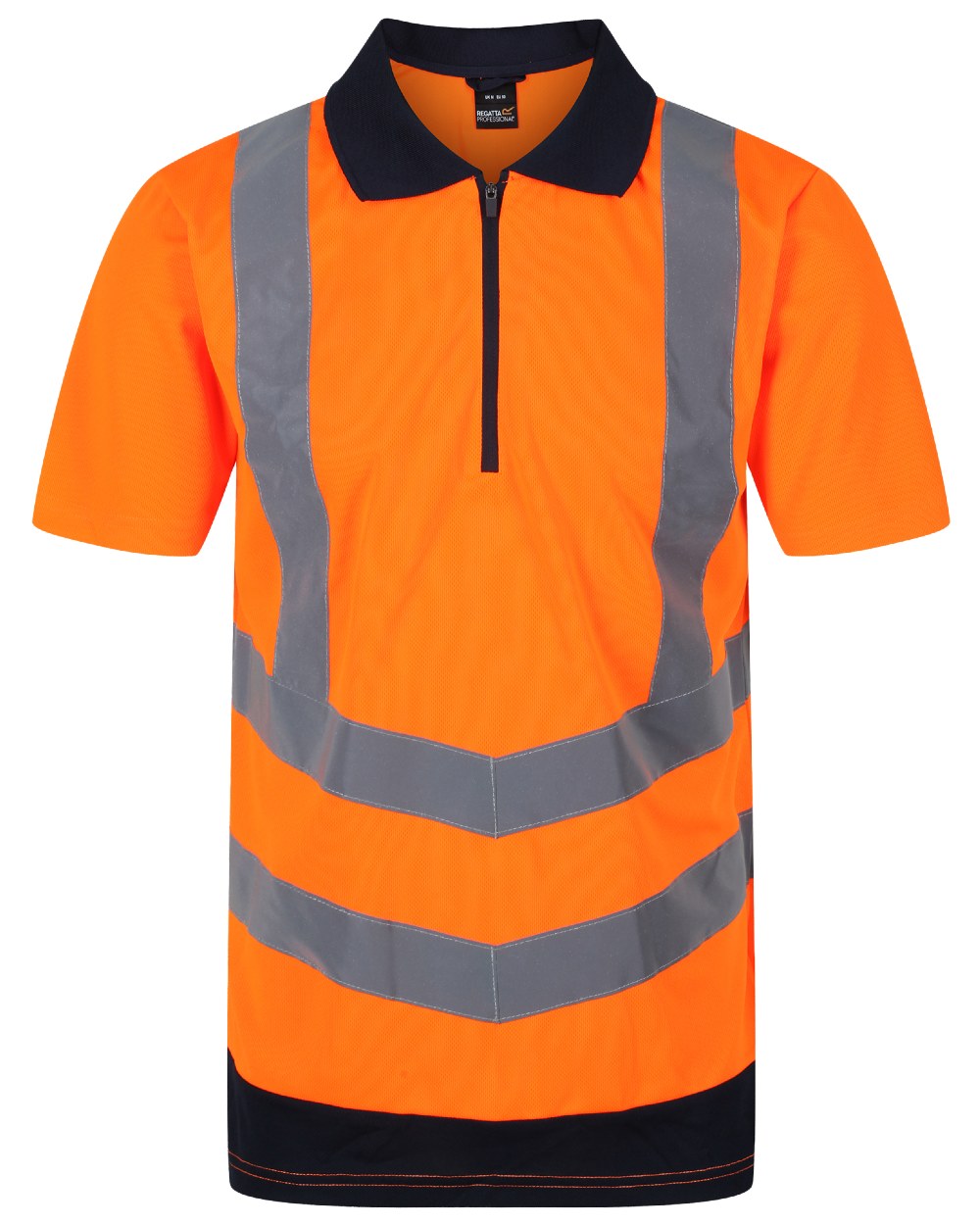 Orange Navy coloured Regatta Professional Mens Hi Vis Pro Reflective Polo Work Shirt on white background 