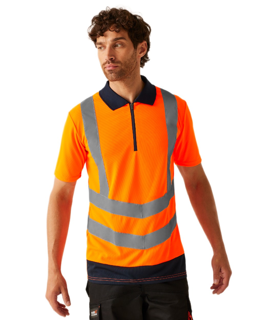 Orange Navy coloured Regatta Professional Mens Hi Vis Pro Reflective Polo Work Shirt on white background 