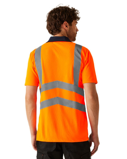 Orange Navy coloured Regatta Professional Mens Hi Vis Pro Reflective Polo Work Shirt on white background 