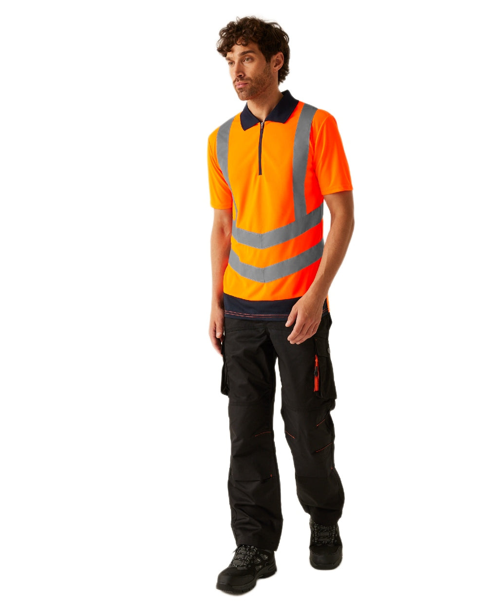 Orange Navy coloured Regatta Professional Mens Hi Vis Pro Reflective Polo Work Shirt on white background 