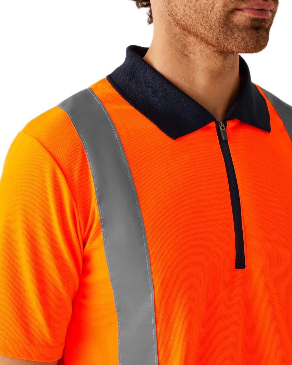 Orange Navy coloured Regatta Professional Mens Hi Vis Pro Reflective Polo Work Shirt on white background 