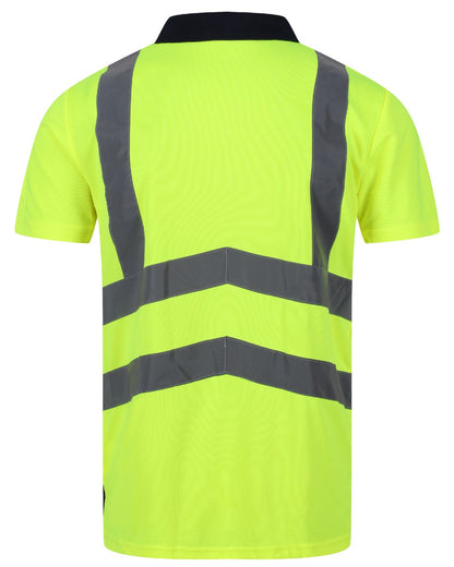 Yellow Navy coloured Regatta Professional Mens Hi Vis Pro Reflective Polo Work Shirt on white background 