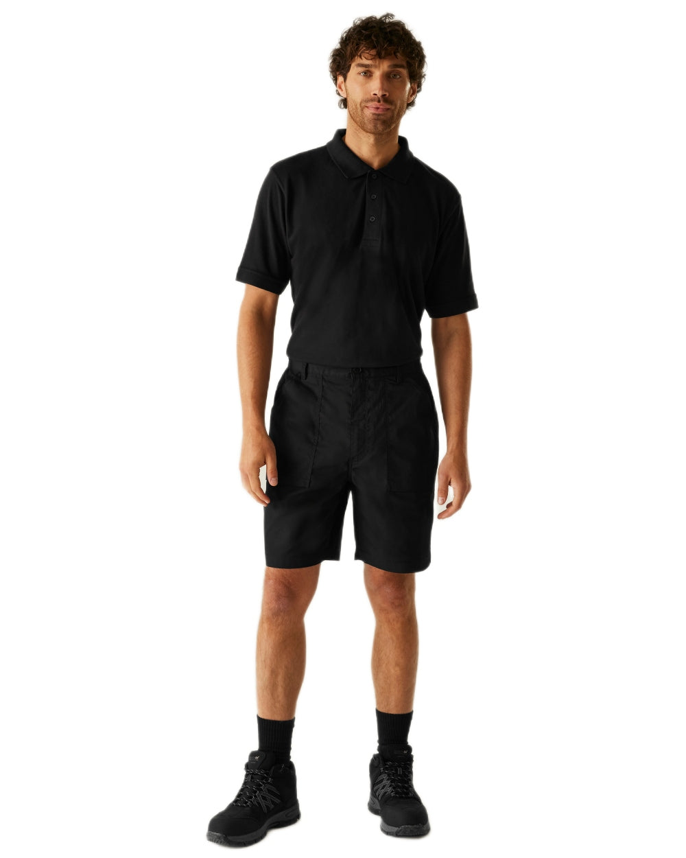 Black coloured Regatta Professional Mens Multi Pocket Action Shorts on white background 