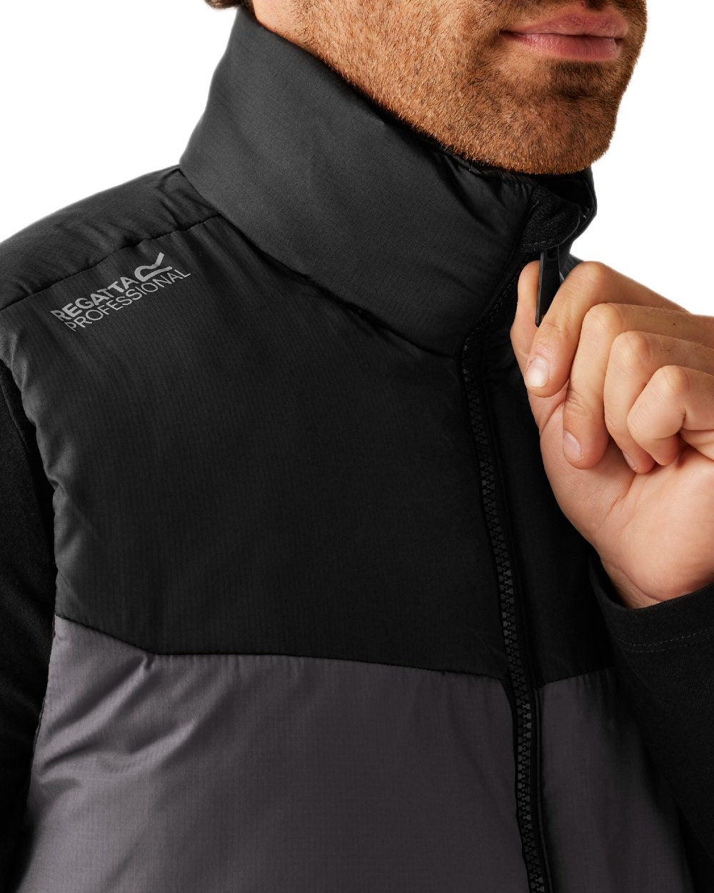Iron Black coloured Regatta Professional Mens Regime Insulated Bodywarmer on white background 