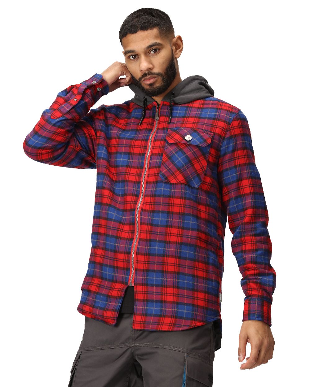 Classic Red Check coloured Regatta Professional Mens Seige Hooded Shirt Jacket on white background 