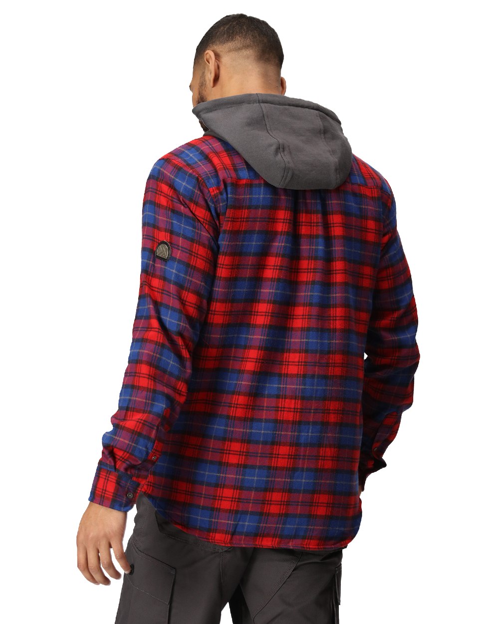 Classic Red Check coloured Regatta Professional Mens Seige Hooded Shirt Jacket on white background 