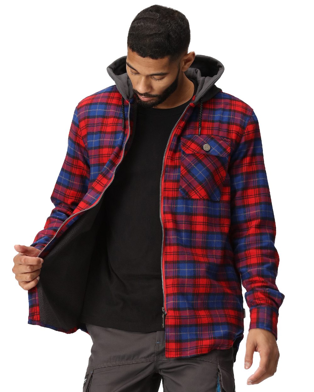 Classic Red Check coloured Regatta Professional Mens Seige Hooded Shirt Jacket on white background 