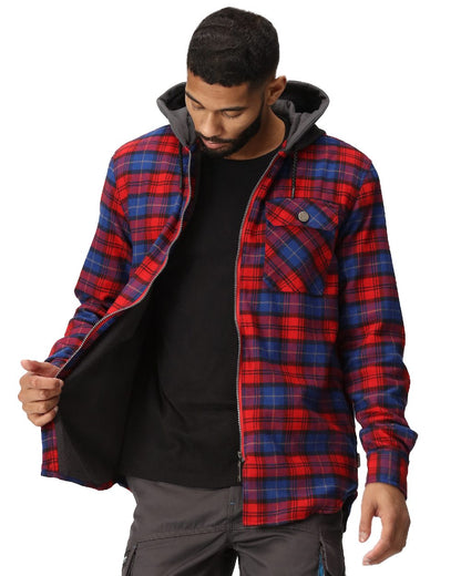 Classic Red Check coloured Regatta Professional Mens Seige Hooded Shirt Jacket on white background 