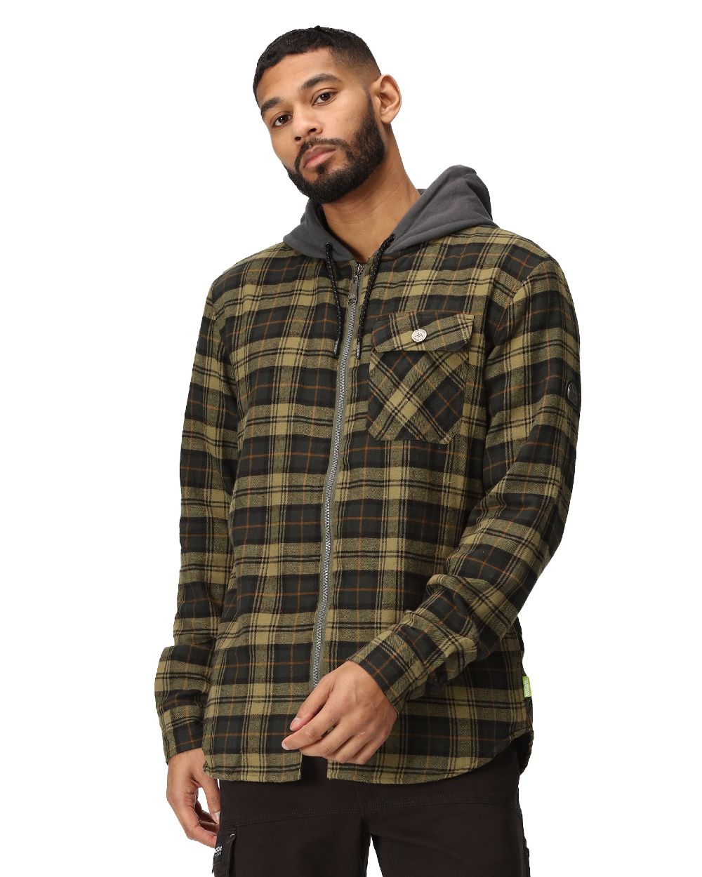 Dark Khaki Check coloured Regatta Professional Mens Seige Hooded Shirt Jacket on white background 