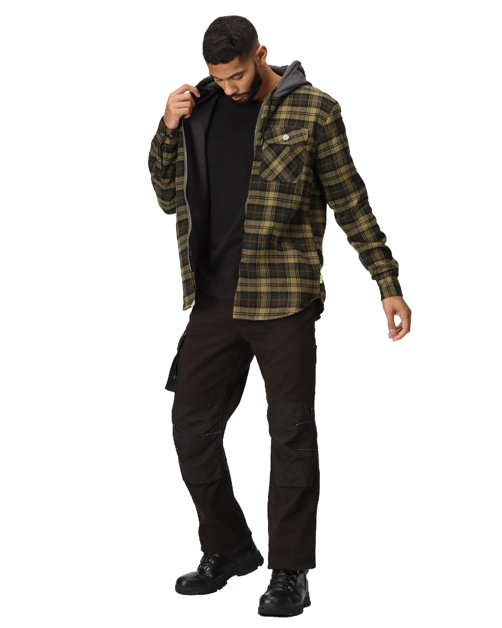 Dark Khaki Check coloured Regatta Professional Mens Seige Hooded Shirt Jacket on white background 