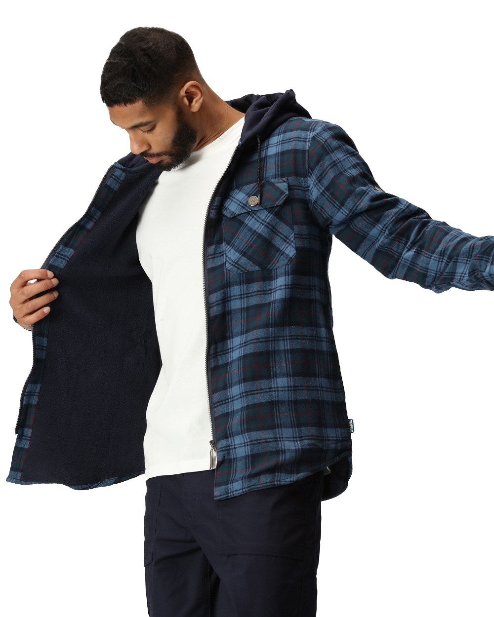 Navy Check coloured Regatta Professional Mens Seige Hooded Shirt Jacket on white background 