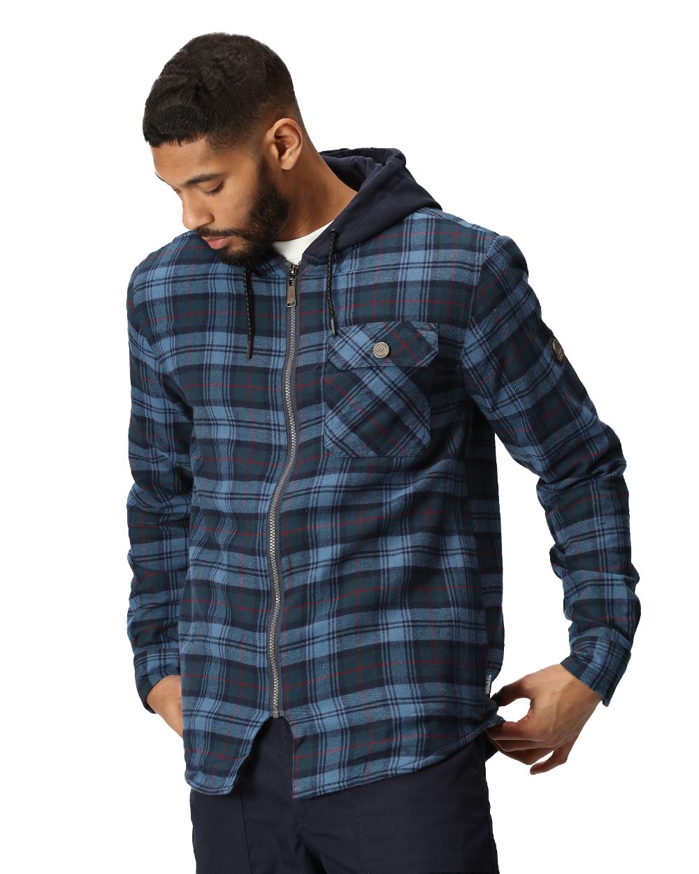 Navy Check coloured Regatta Professional Mens Seige Hooded Shirt Jacket on white background 