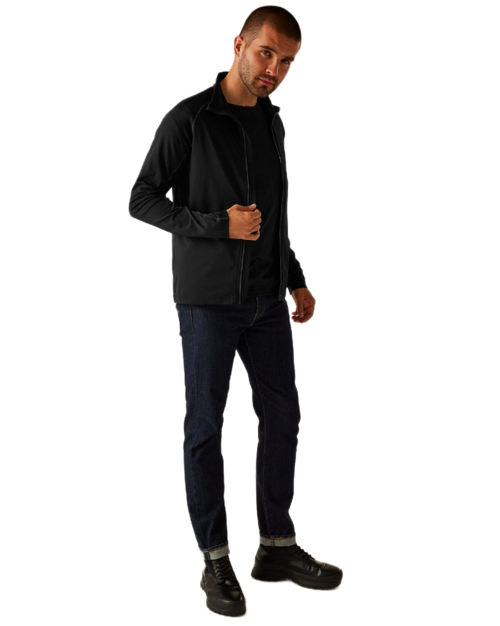 Black coloured Regatta Professional Mens Stretch Full-Zip Midlayer on white background 
