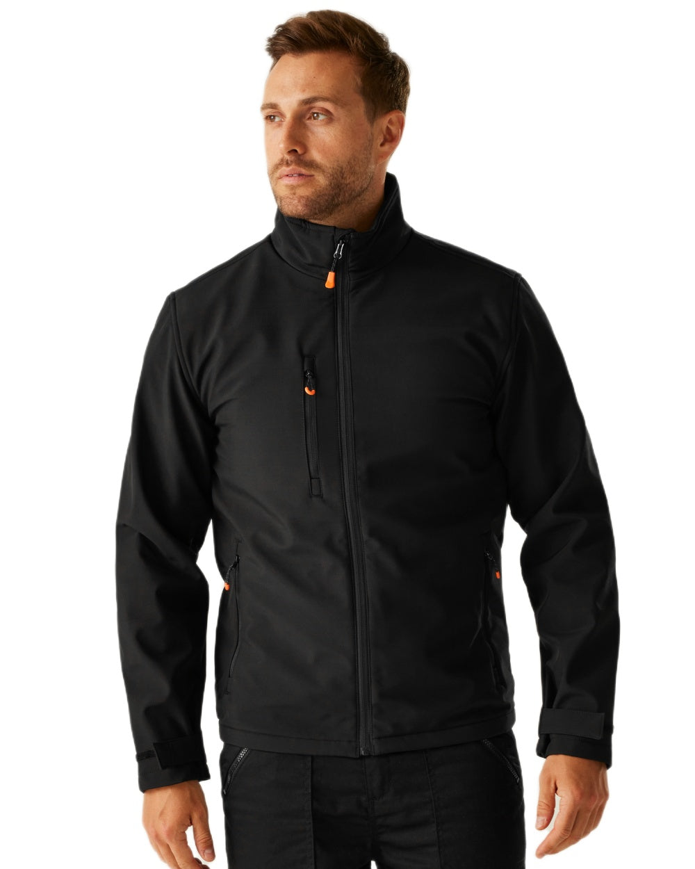 Black coloured Regatta Professional Mens Thermogen Heated Softshell Jacket on white background 