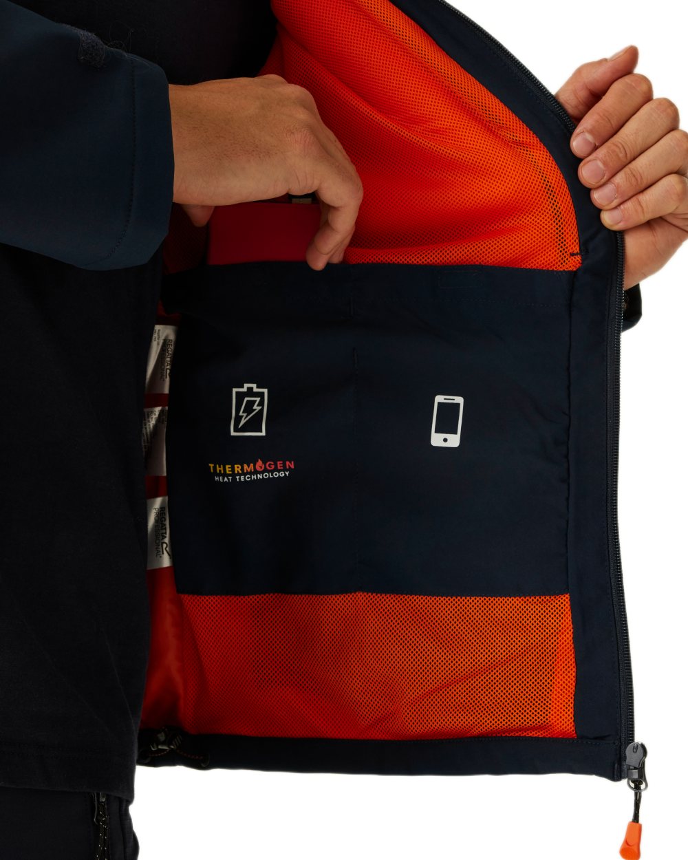 Navy coloured Regatta Professional Mens Thermogen Heated Softshell Jacket on white background 