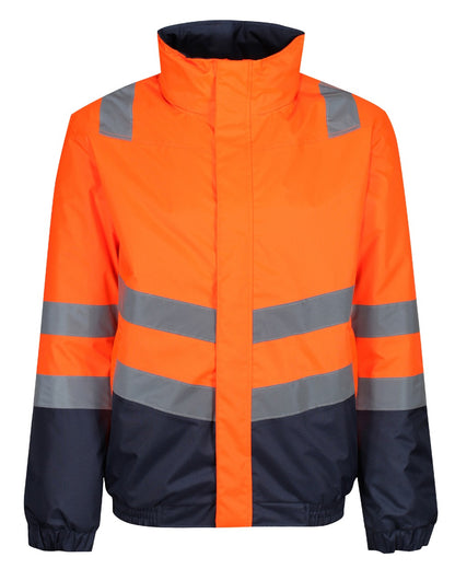 Orange Navy coloured Regatta Professional Mens Waterproof Hi-Vis Bomber Jacket on white background 