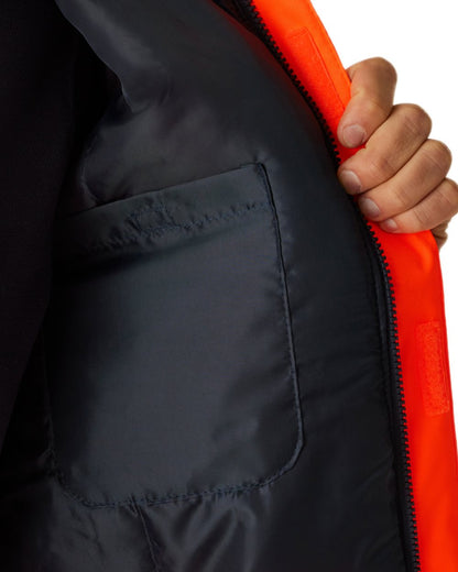 Orange Navy coloured Regatta Professional Mens Waterproof Hi-Vis Bomber Jacket on white background 