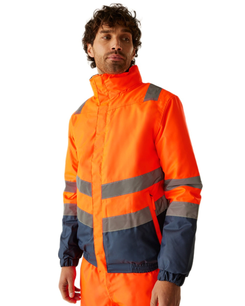 Orange Navy coloured Regatta Professional Mens Waterproof Hi-Vis Bomber Jacket on white background 