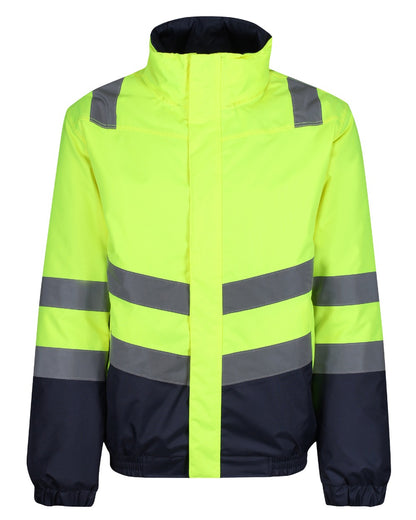 Yellow Navy coloured Regatta Professional Mens Waterproof Hi-Vis Bomber Jacket on white background 