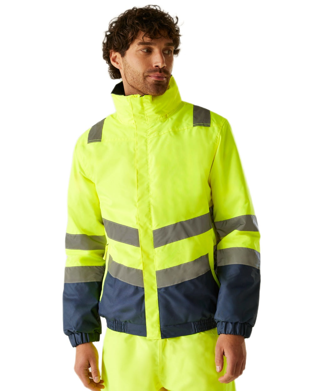 Yellow Navy coloured Regatta Professional Mens Waterproof Hi-Vis Bomber Jacket on white background 