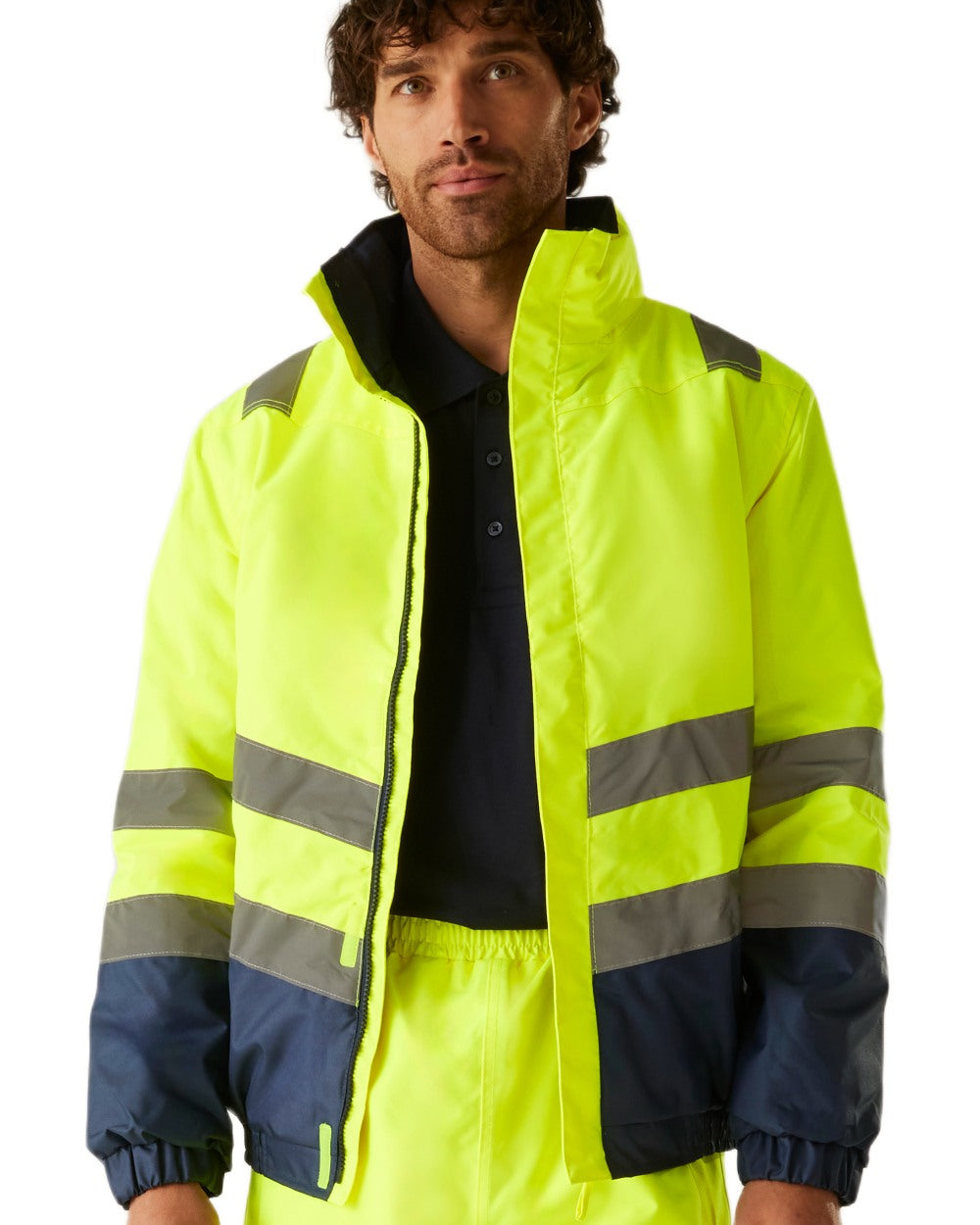 Yellow Navy coloured Regatta Professional Mens Waterproof Hi-Vis Bomber Jacket on white background 