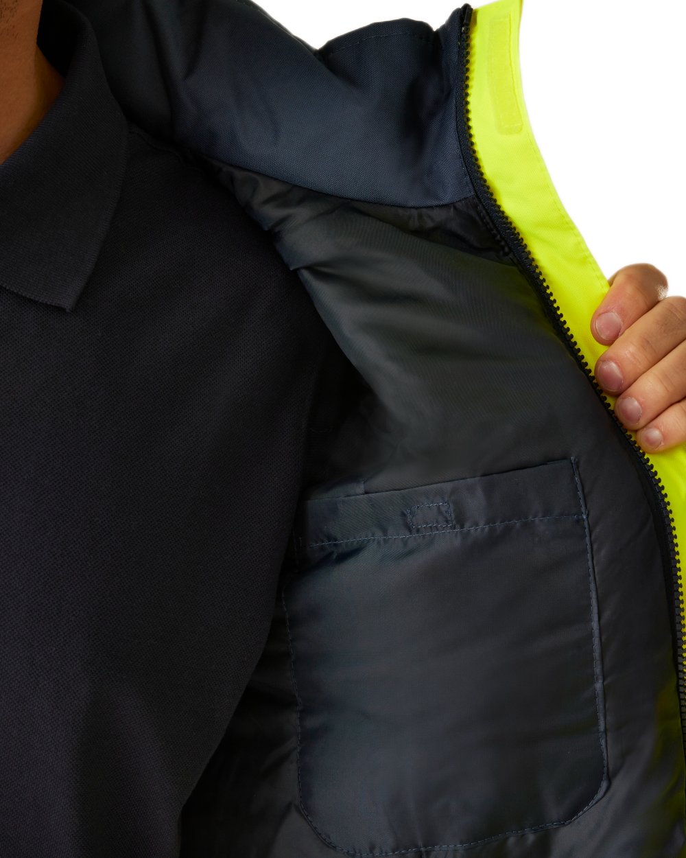 Yellow Navy coloured Regatta Professional Mens Waterproof Hi-Vis Bomber Jacket on white background 