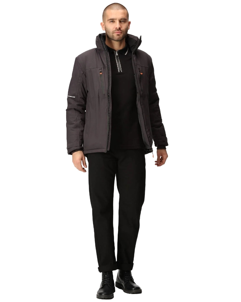 Grey Black coloured Regatta Professional Mens X-Pro Marauder III Waterproof Insulated Jacket on white background 