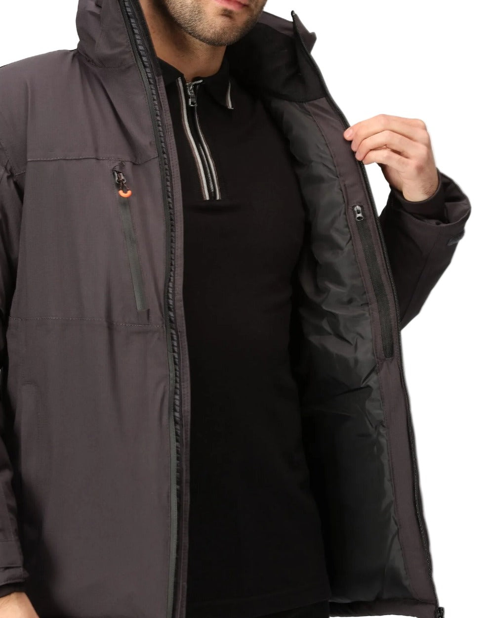 Grey Black coloured Regatta Professional Mens X-Pro Marauder III Waterproof Insulated Jacket on white background 