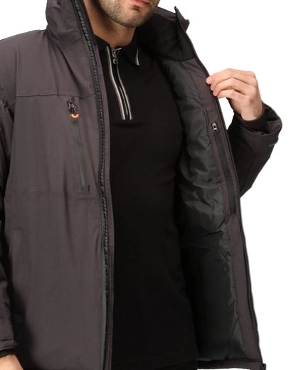Grey Black coloured Regatta Professional Mens X-Pro Marauder III Waterproof Insulated Jacket on white background 