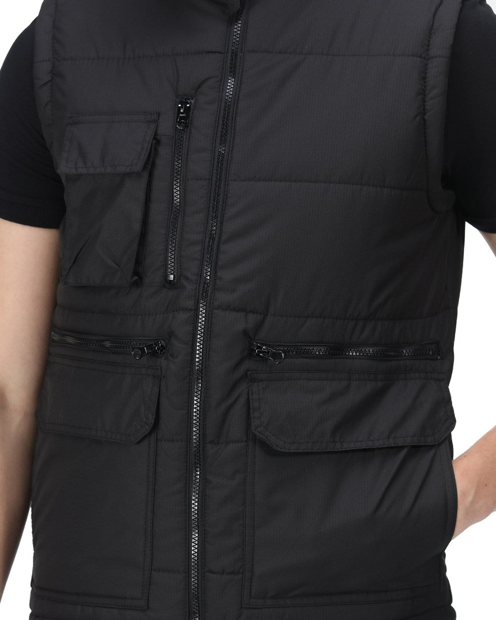 Black coloured Regatta Steller Multi-Zip Ripstop Bodywarmer on white background 