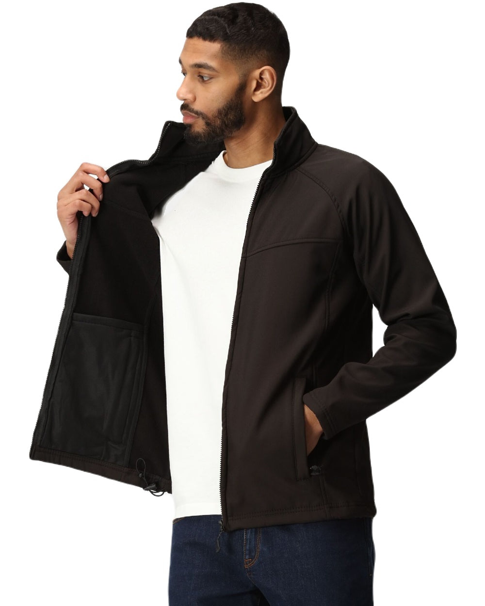 All Black coloured Regatta Uproar Softshell Jacket on white background 