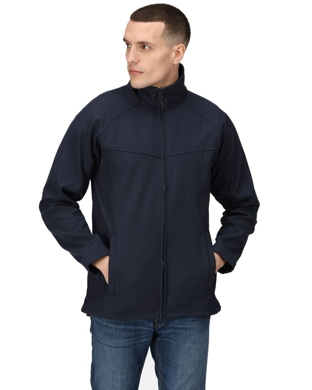 Navy coloured Regatta Uproar Softshell Jacket on white background 