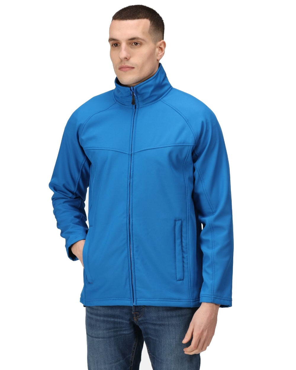 Oxford Blue coloured Regatta Uproar Softshell Jacket on white background 