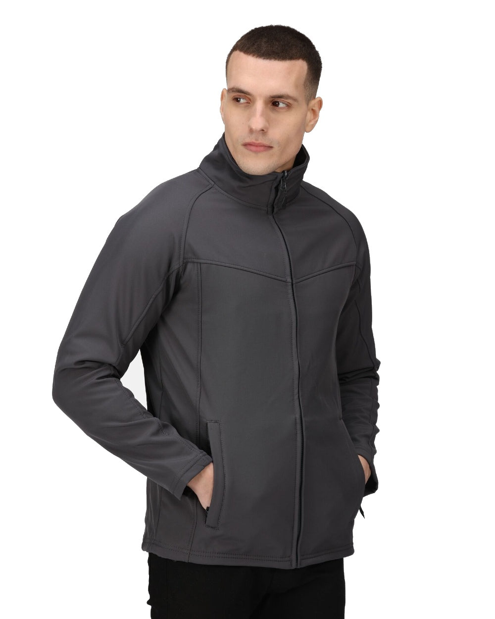 Seal Grey coloured Regatta Uproar Softshell Jacket on white background 