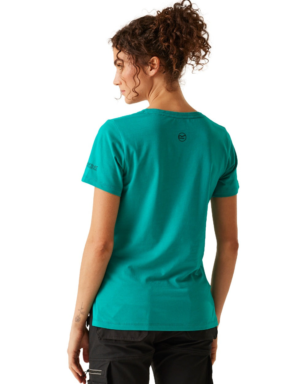 Wilderness Green coloured Regatta Womens ADA Cotton Stretch T-Shirt on white background 