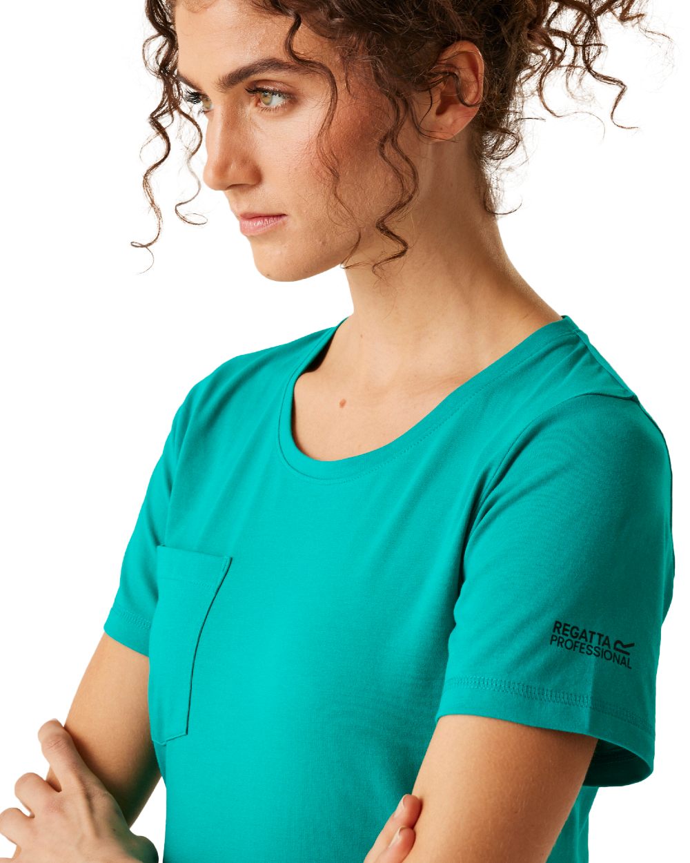Wilderness Green coloured Regatta Womens ADA Cotton Stretch T-Shirt on white background 