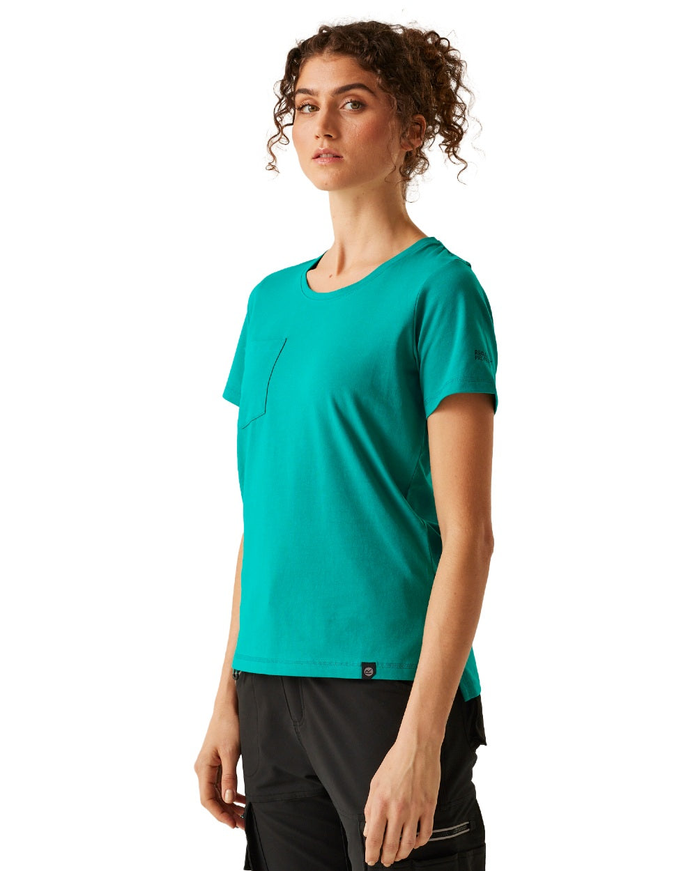 Wilderness Green coloured Regatta Womens ADA Cotton Stretch T-Shirt on white background 